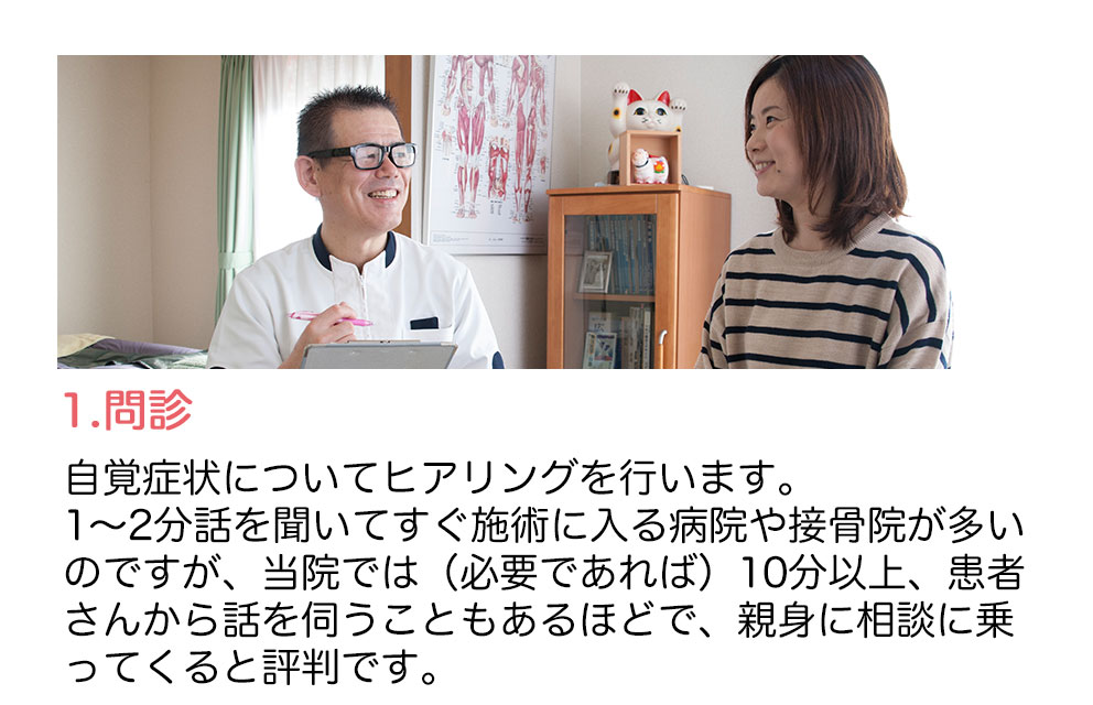 1. 問診　自覚症状についてヒアリングを行います。1～2分話を聞いてすぐ施術に入る病院や接骨院が多いのですが当院では(必要であれば)10分以上、患者さんから話を伺うこともあるほどで、親身に相談に乗ってくると評判です。