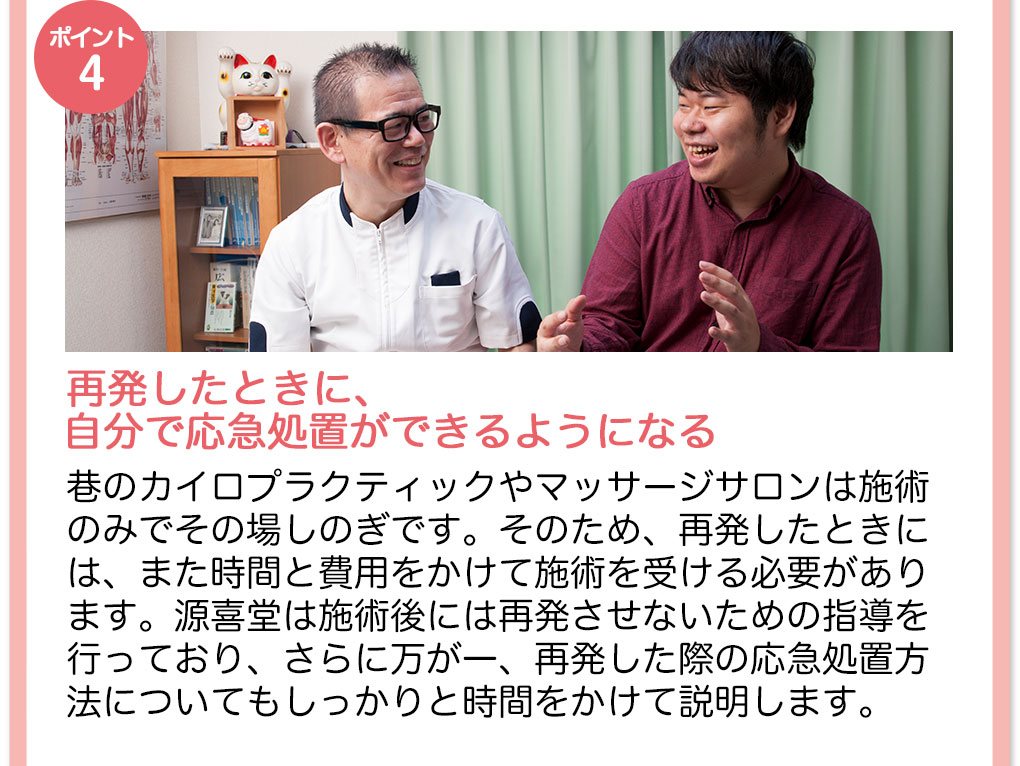 【ポイント4】再発したときに、自分で応急処置ができるようになる　巷のカイロプラクティックやマッサージサロンは施術のみでその場しのぎです。そのため、再発したときには、また時間と費用をかけて施術を受ける必要があります。源喜堂は施術後には再発させないための指導を行っており、さらに万が一、再発した際の応急処置方法についてもしっかりと時間をかけて説明します。