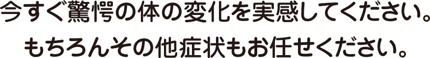 今すぐ驚愕の体の変化を実感してください。もちろんその他症状もお任せください。